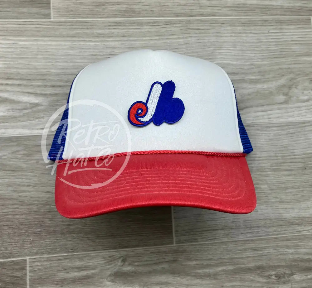 Vintage 90s Montreal Expos Patch on Red White & Blue Meshback Trucker Hat