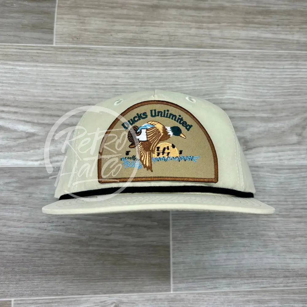 Retro Ducks Unlimited on Beige Retro Hat w/Black Rope