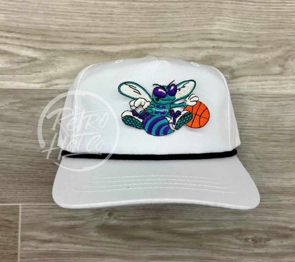 Vintage 90s Charlotte Hornets Patch on White Retro Hat w/Black Rope