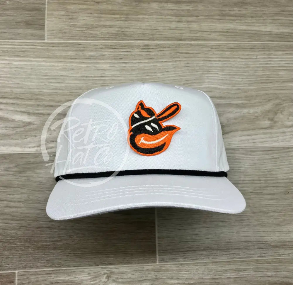 Vintage 90s Baltimore Orioles Patch on White Retro Hat w/Black Rope