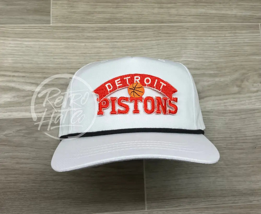 Vintage 90s Detroit Pistons (Red) Patch on White Retro Hat w/Black Rope