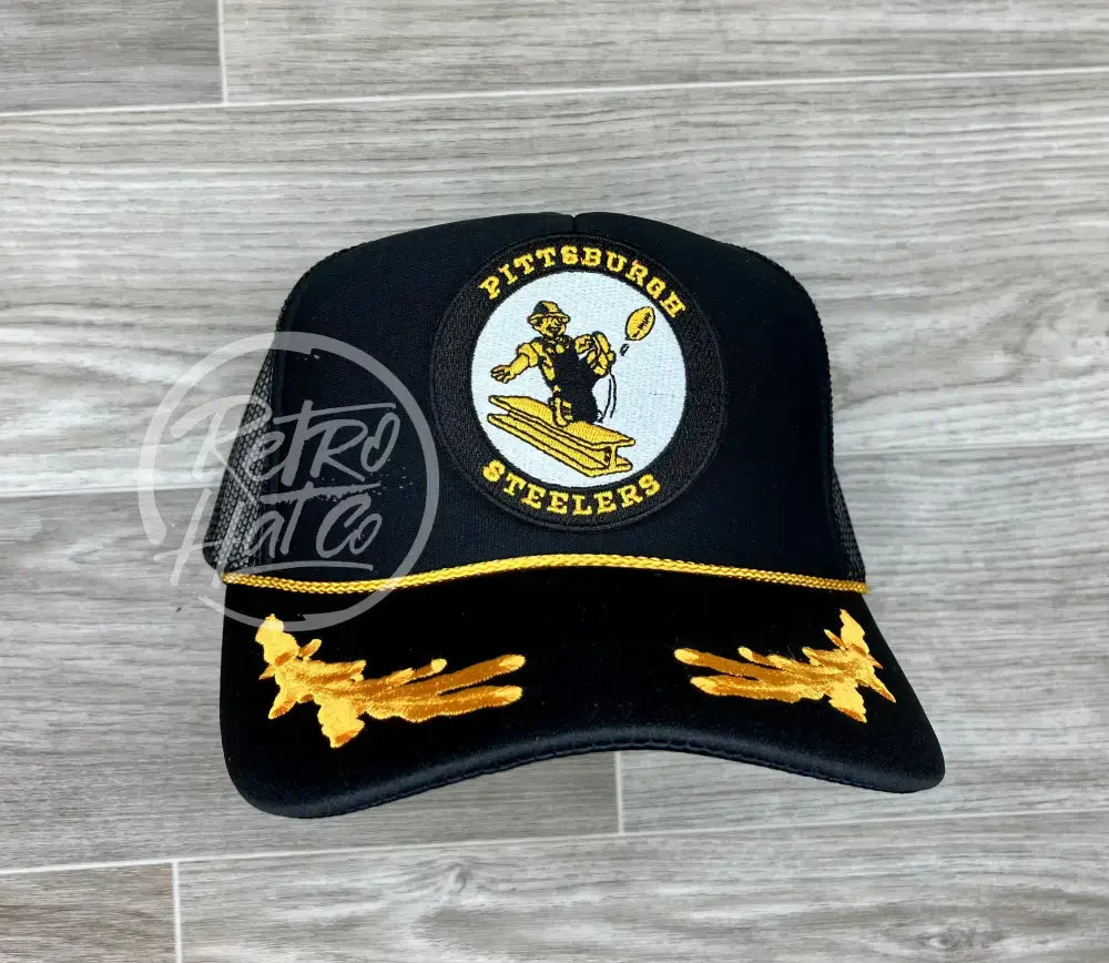 Retro 60s Pittsburgh Steelers Circle Patch on Black Meshback Trucker Hat w/ Scrambled Eggs