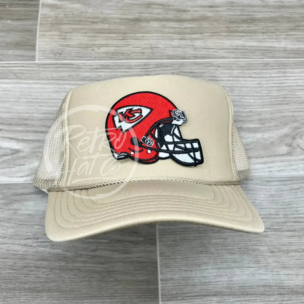 Kansas City Helmet Patch on Beige Meshback Trucker Hat