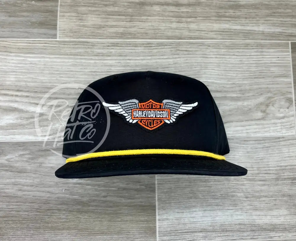 Vintage Harley Davidson Wings Patch on Black Retro Hat w/Yellow Rope