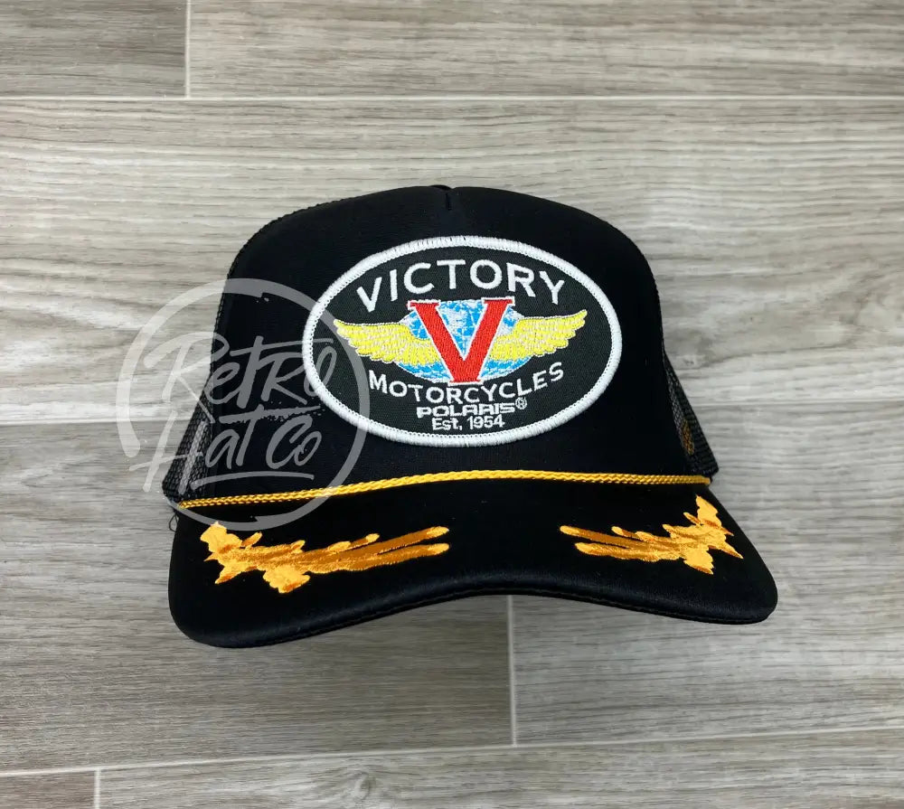 Victory Motorcycle Biker Patch on Black Meshback Trucker Hat w/Scrambled Eggs