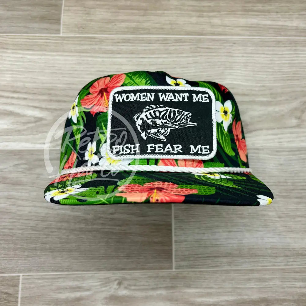 Women Want Me / Fish Fear Me on Black Hawaiian Retro Rope Hat w/Leather Strap Back