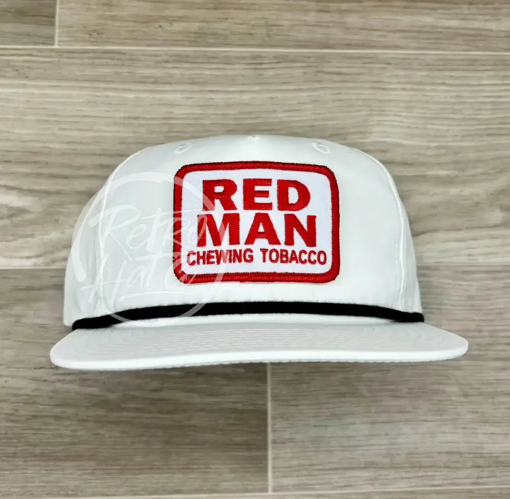 Red Man (Square) Patch on White Retro Hat w/Black Rope