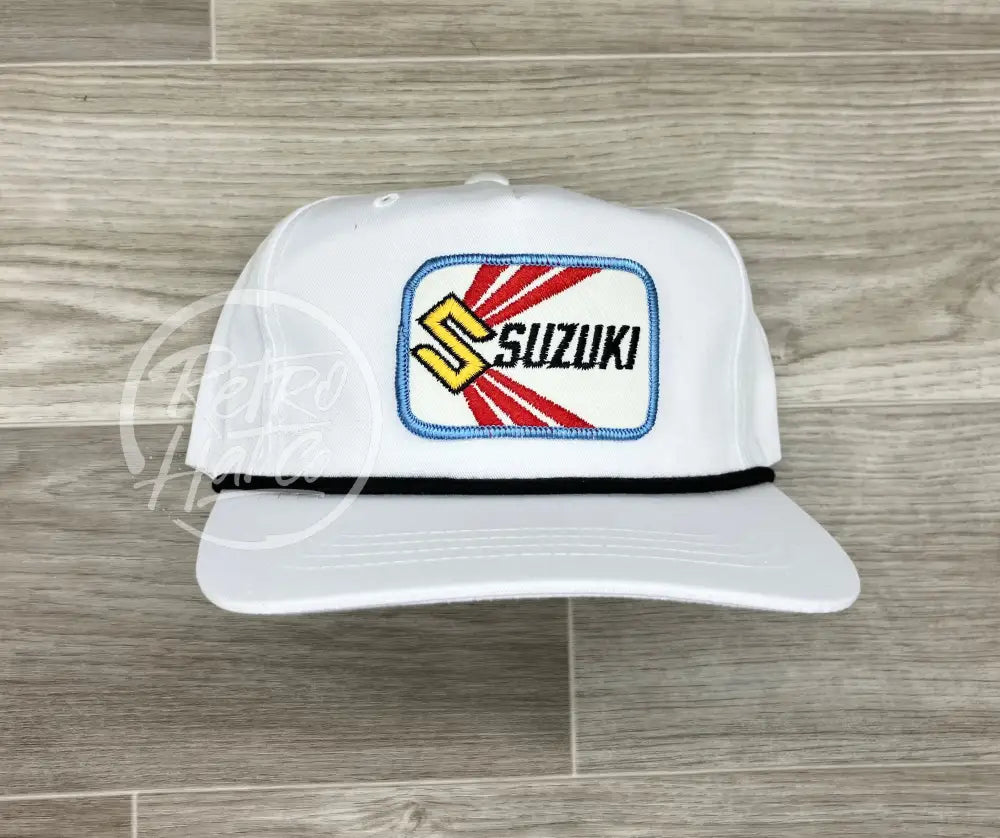 Vintage Suzuki Patch on White Retro Hat w/Black Rope