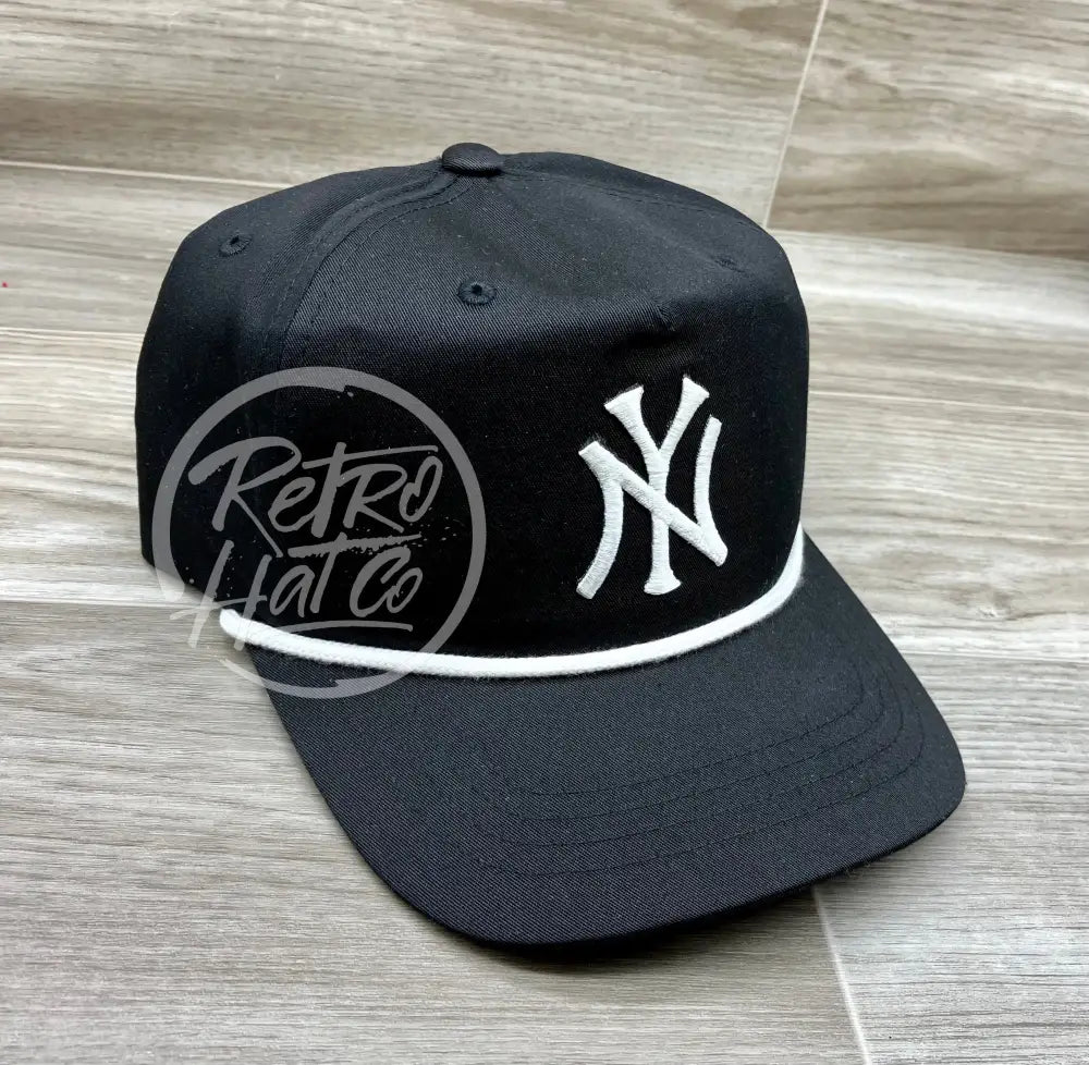 Vintage 90s New York Yankees (White NY) Patch on Black Retro Hat w/White Rope