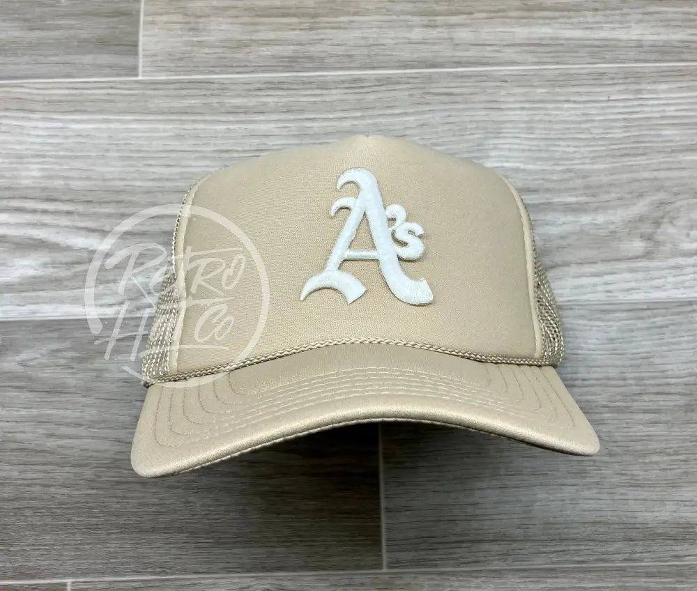 Vintage 90s Oakland A’s (white) Patch on Beige Meshback Trucker Hat