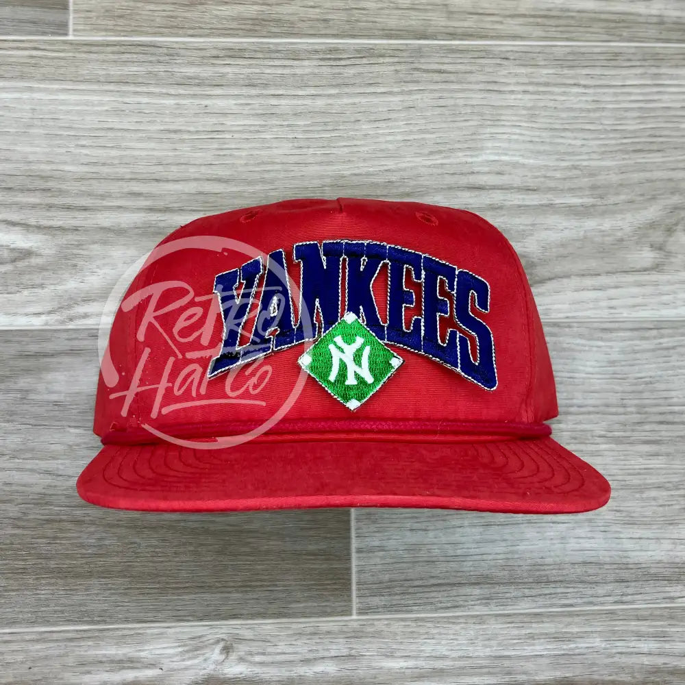 Vintage 90s New York Yankees (Navy Arch) Patch on Solid Red Retro Hat