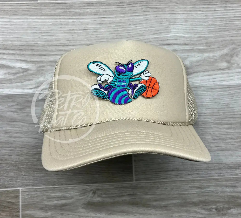 Vintage 90s Charlotte Hornets Patch on Beige Meshback Trucker Hat