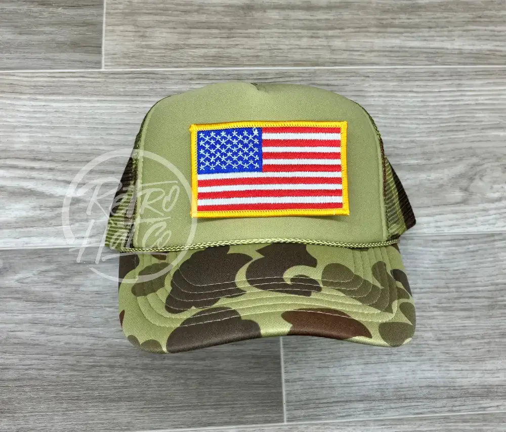 American Flag Patch on Solid Front Camo Meshback Trucker Hat