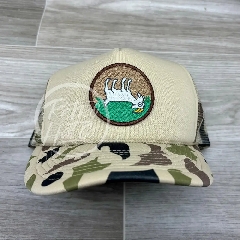 Fainting Goat on Solid Front Beige / Camo Meshback Trucker Hat