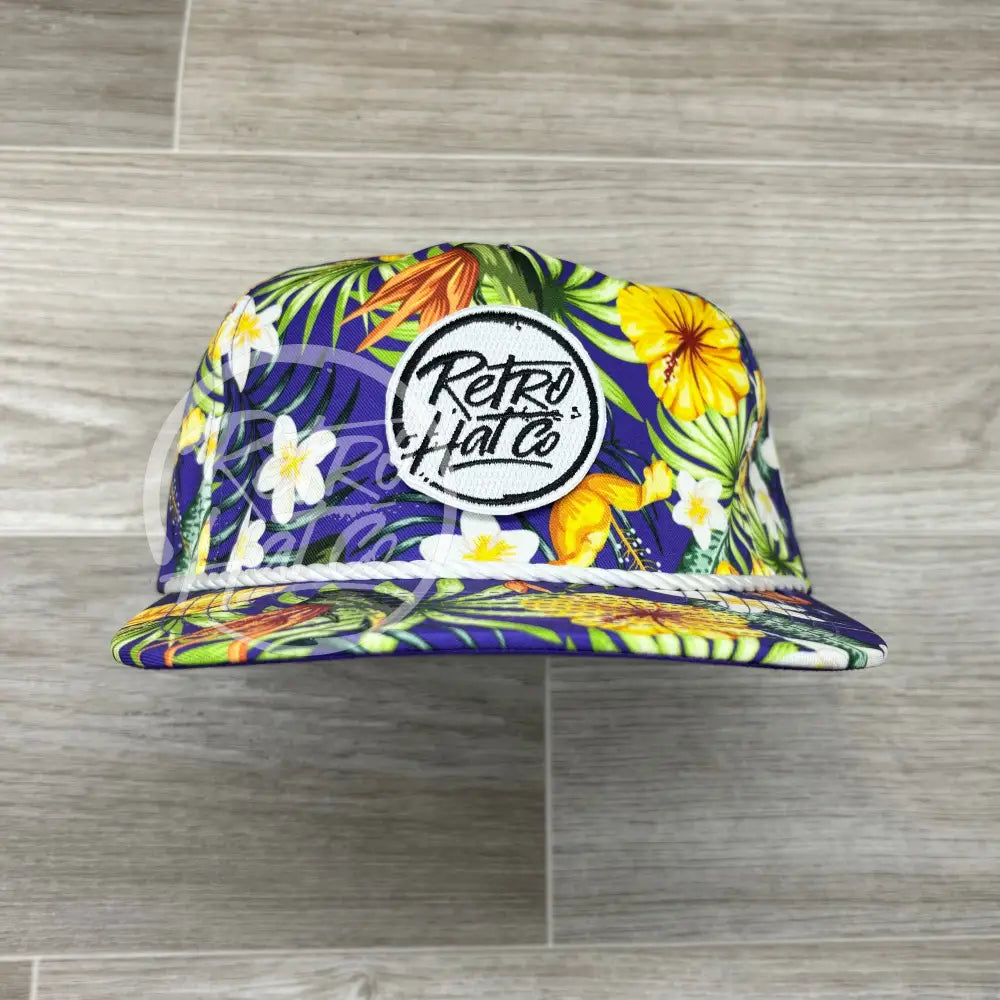 Retro Hat Co Brand (white) Patch on Purple Hawaiian Retro Rope Hat w/Leather Strap Back