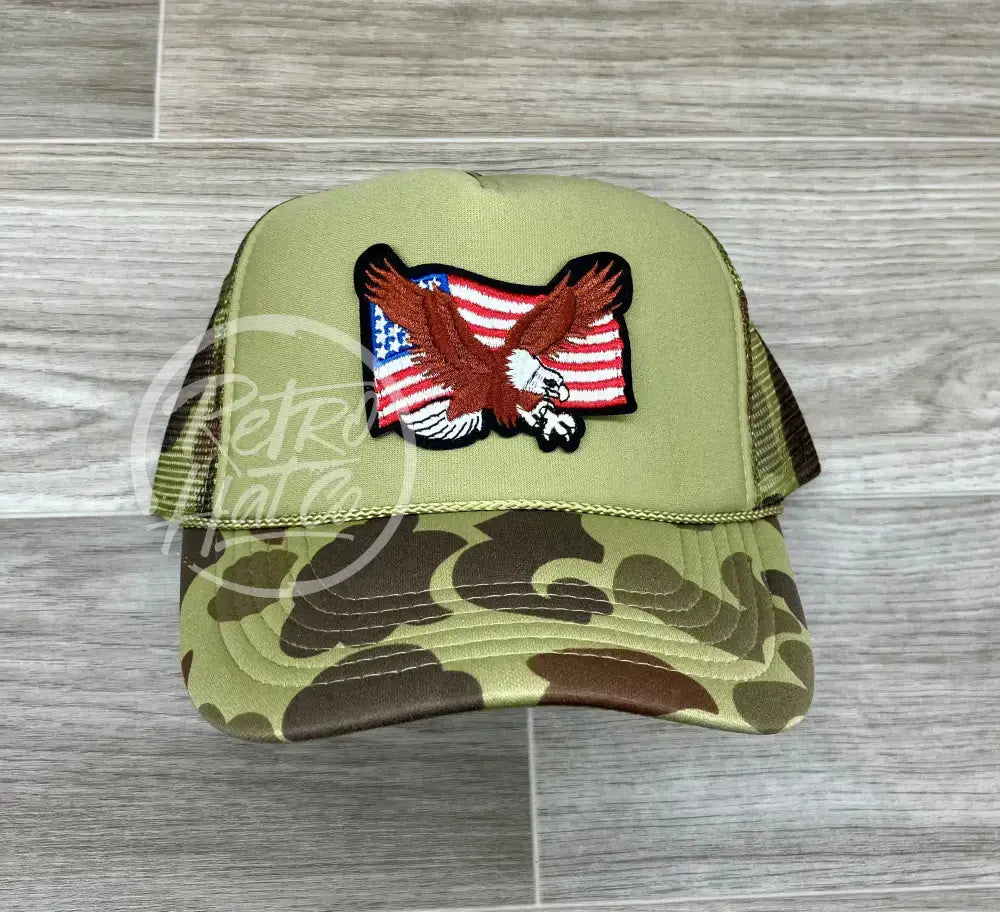 American Flag & Eagle Patch on Solid Front Camo Meshback Trucker Hat