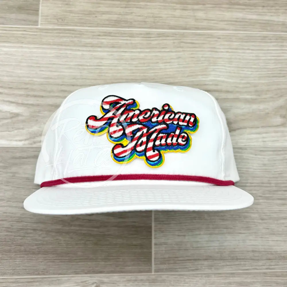 American Made Patch on White Retro Hat w/Red Rope