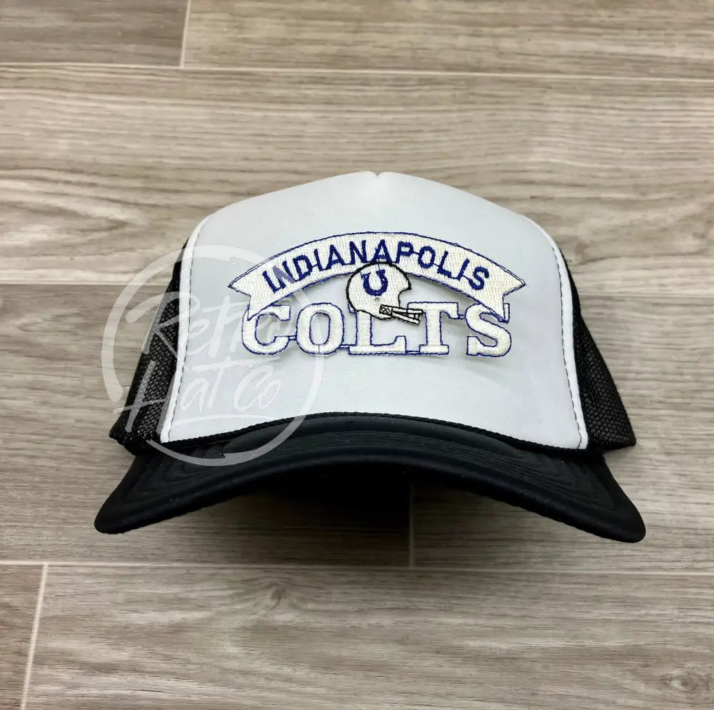 Vintage 90s Indianapolis Colts Patch on Black/White Meshback Trucker Hat