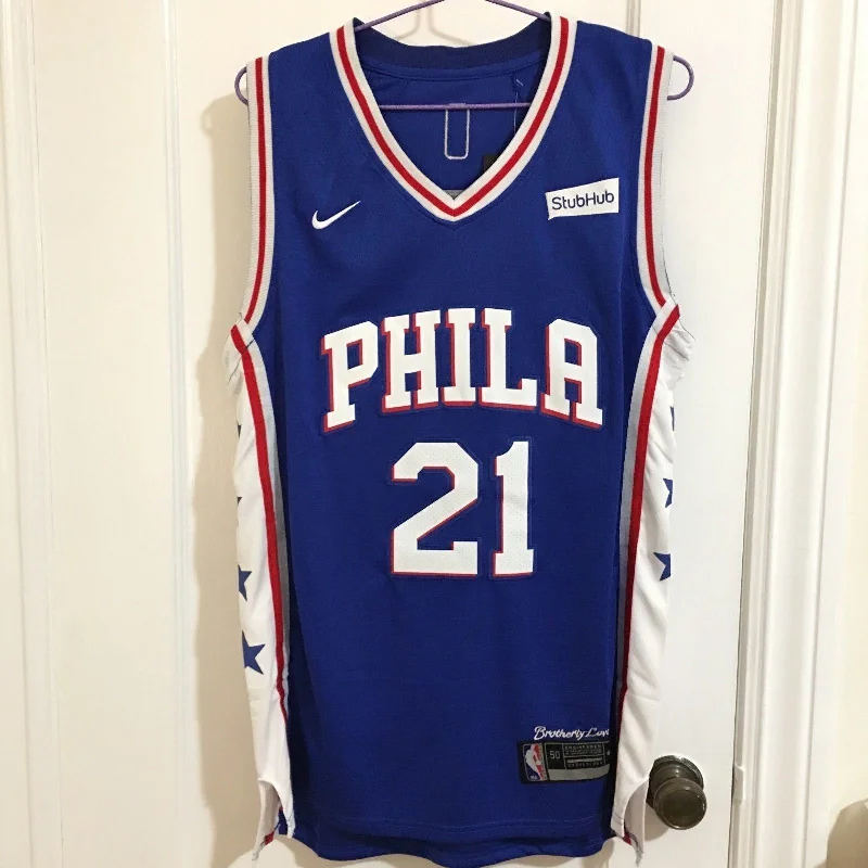 Men 21 Joel Embiid Jersey Blue Philadelphia 76ers Authentic Jersey Player