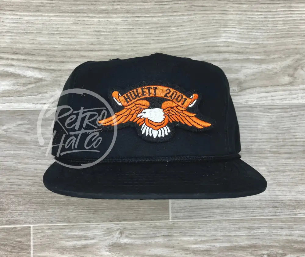 Vintage Hulett 2001 Orange Eagle Biker Rally Patch on Black Poly Rope Hat