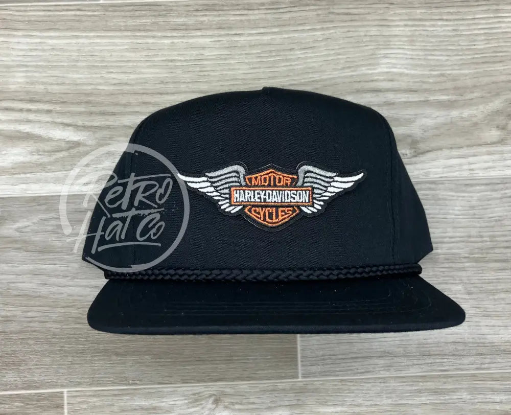 Vintage Harley Davidson Wings Patch on Black Classic Rope Hat