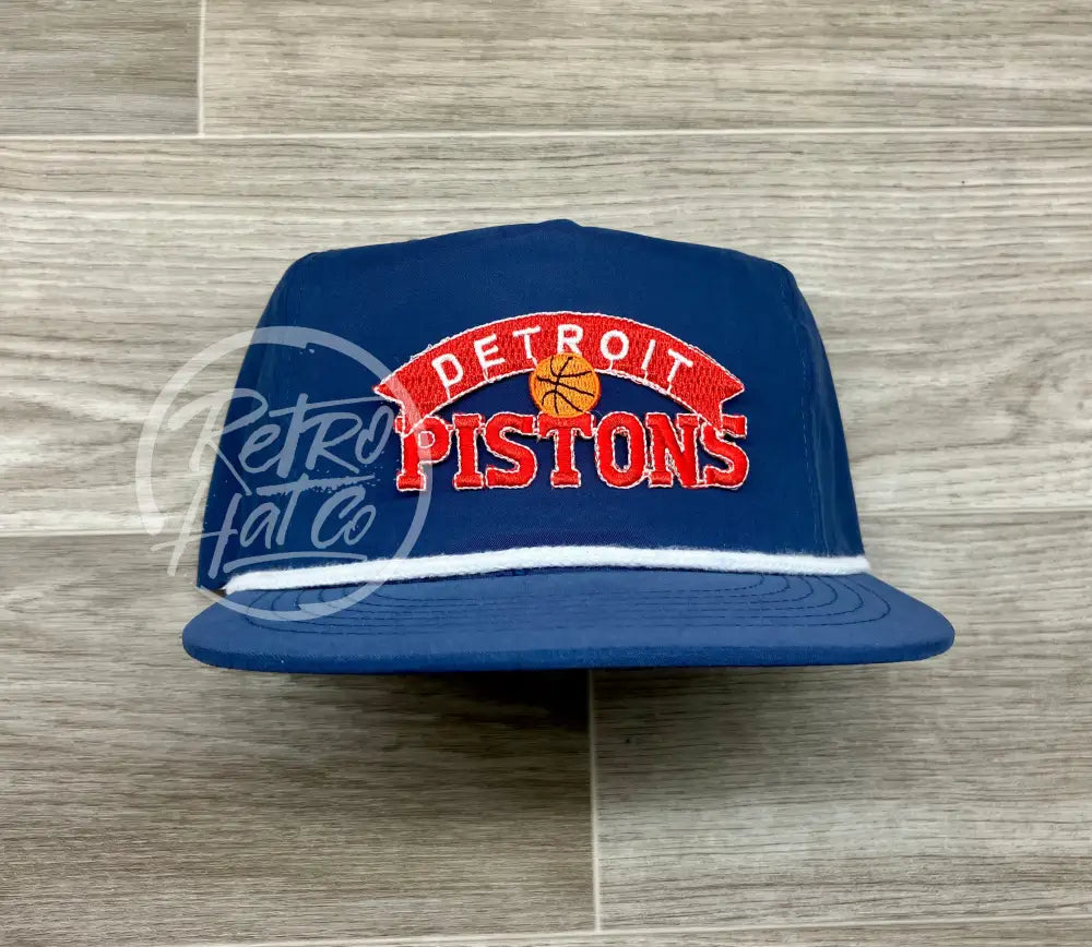 Vintage 90s Detroit Pistons (Red) Patch on Blue Poly Retro Rope Hat