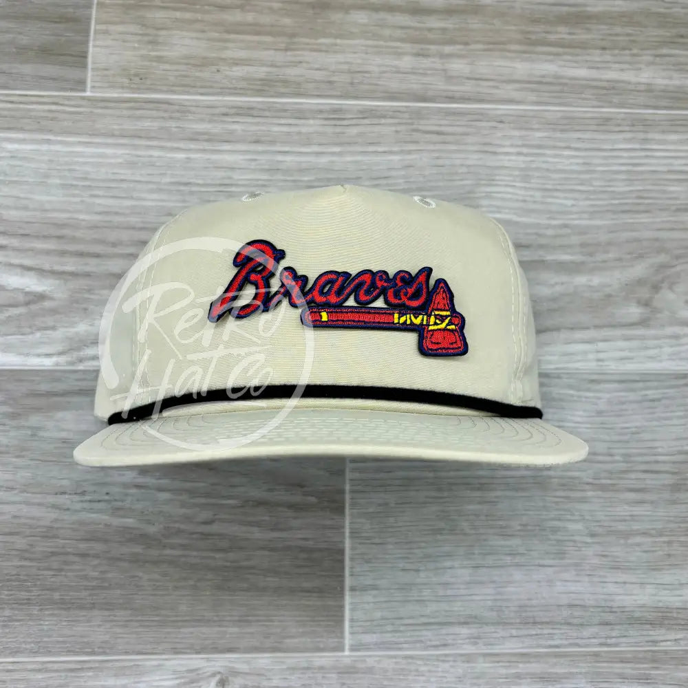 Atlanta Braves Patch on Beige Retro Hat w/Black Rope