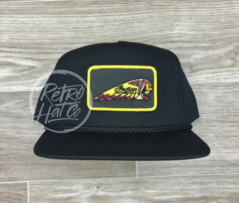 Indian Motorcycle (Gold Edge Rectangle) on Black Classic Rope Hat