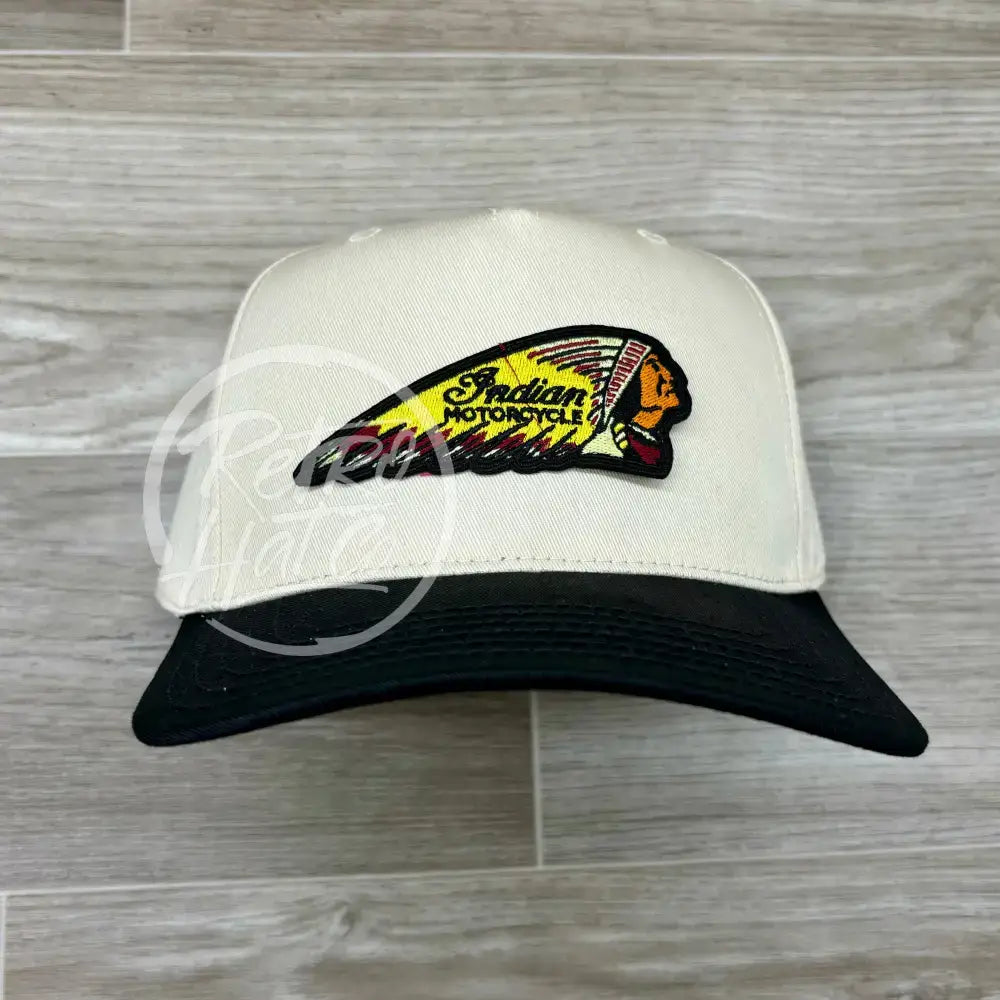 Indian Motorcycle Chief Headdress (Yellow) Patch on Natural/Black Retro Hat