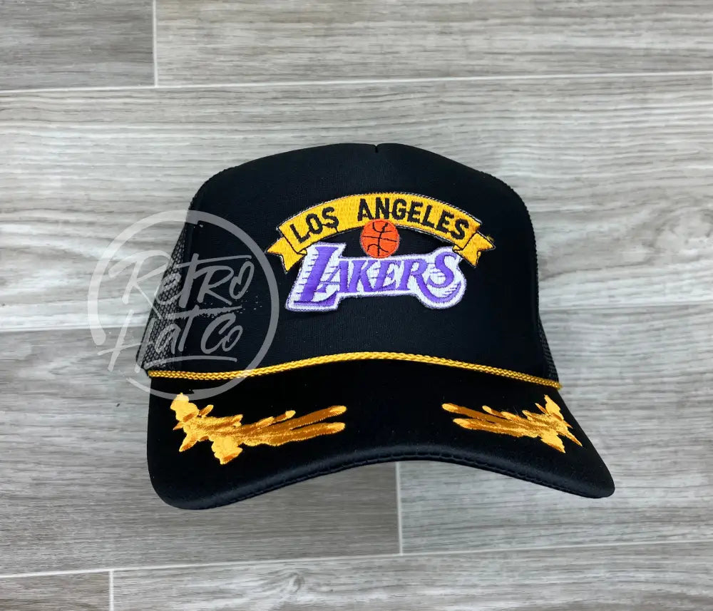 Vintage 90s Los Angeles Lakers Patch on Black Meshback Trucker Hat w/ Scrambled Eggs