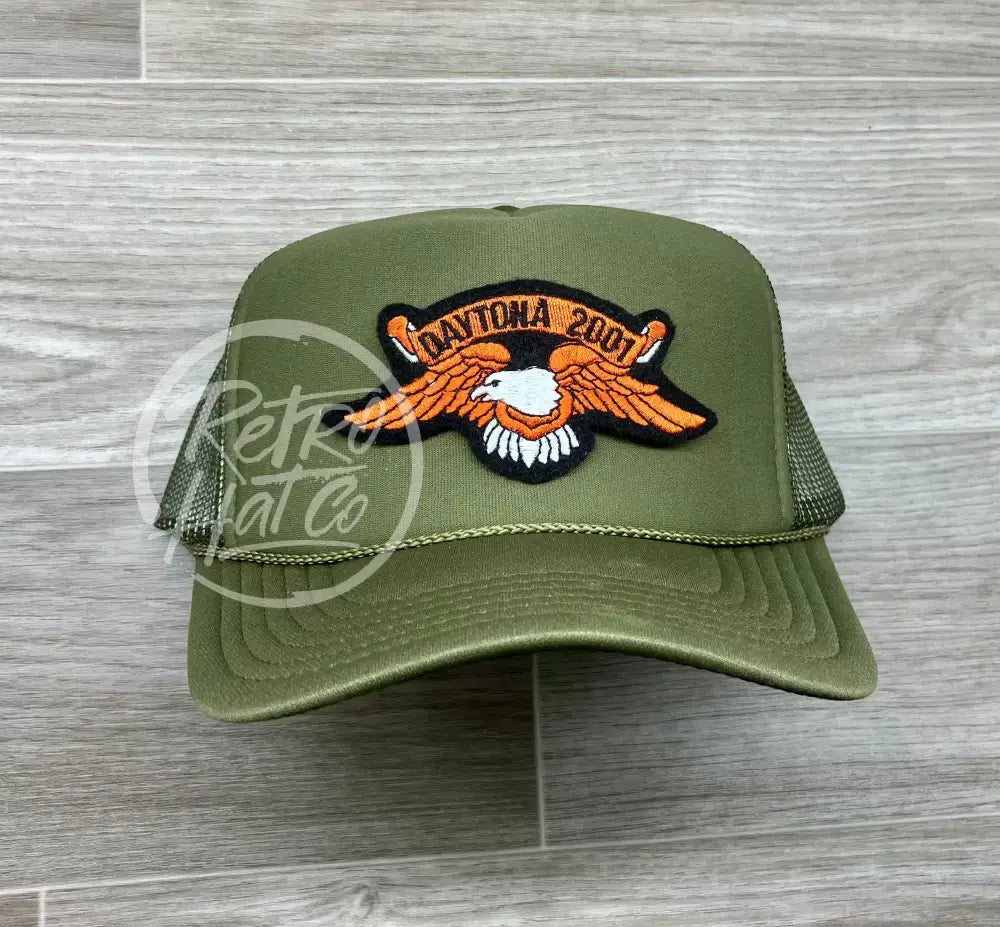 Daytona 2001 (orange eagle) Bike Rally Patch on Olive Meshback Trucker Hat (1 of 1)