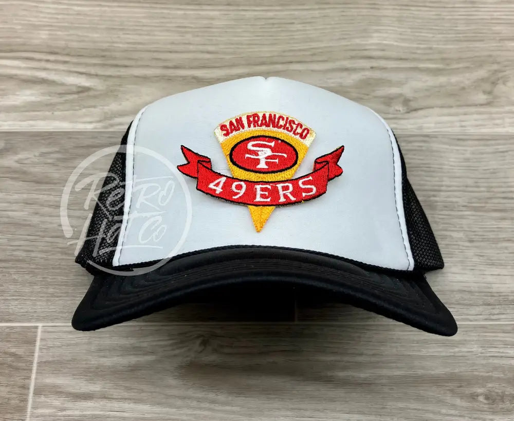 Vintage 90s San Francisco 49ers Niners Pennant Patch on Black/White Meshback Trucker Hat