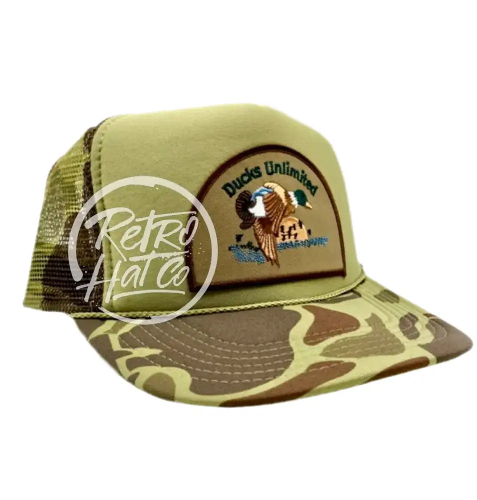 Retro Ducks Unlimited on Solid Front Camo Meshback Trucker Hat