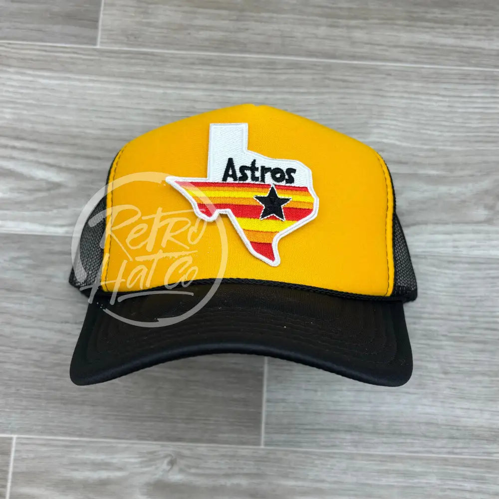 Houston Astros / Texas Patch on Black/Gold Meshback Trucker Hat