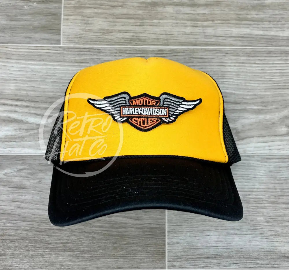 Vintage Harley Davidson Wings Patch on Black/Gold Trucker Hat