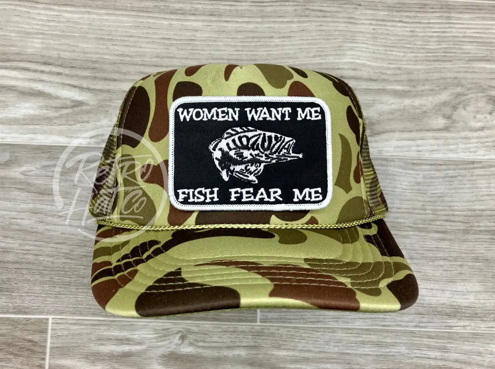 Women Want Me / Fish Fear Me on Full Camo Meshback Trucker Hat