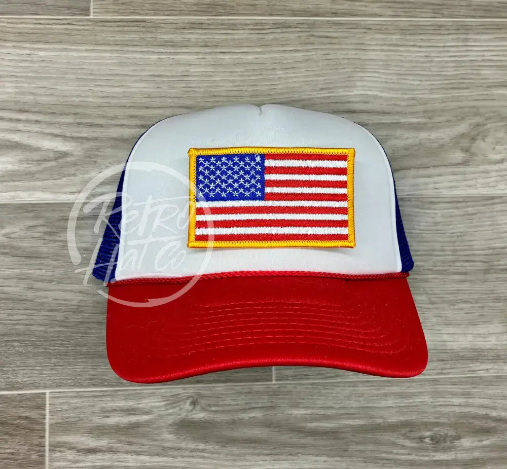 American Flag Patch on Red, White & Blue Meshback Trucker Hat