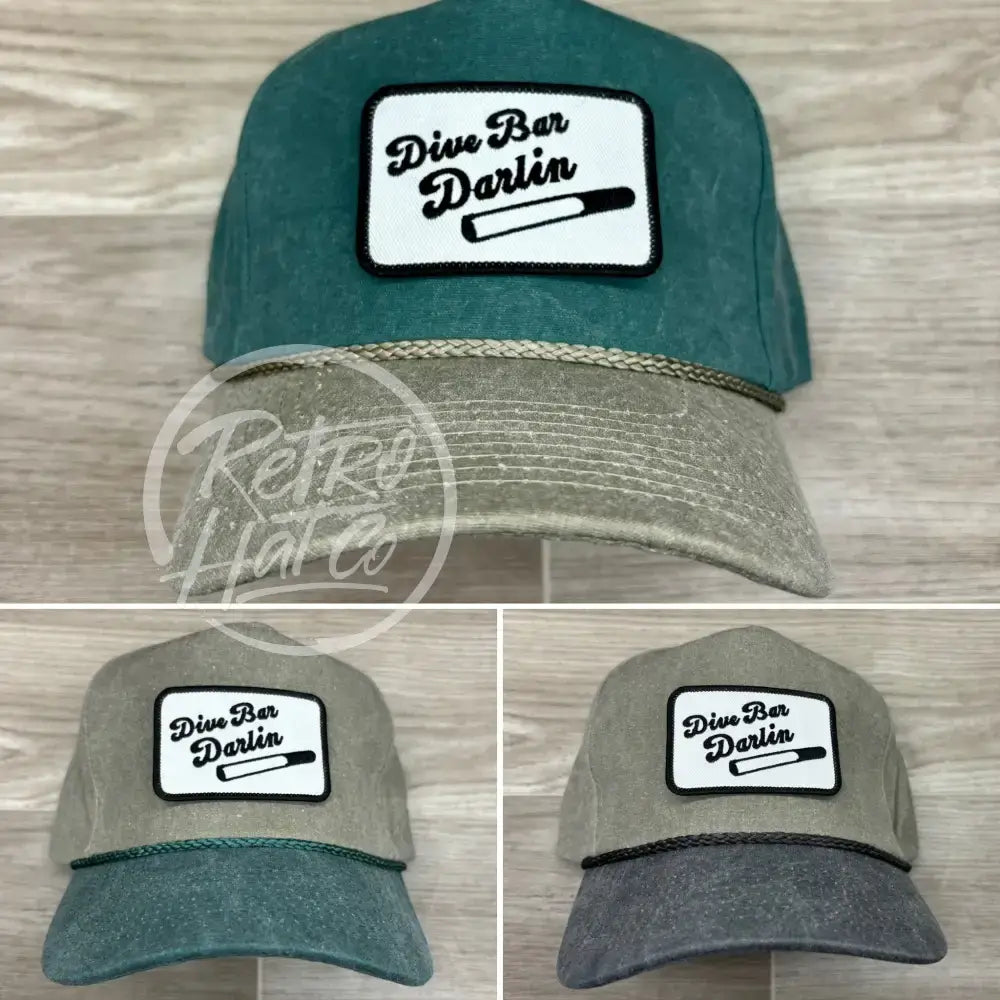 Dive Bar Darlin Patch on 2-Tone Stonewashed Retro Rope Hat