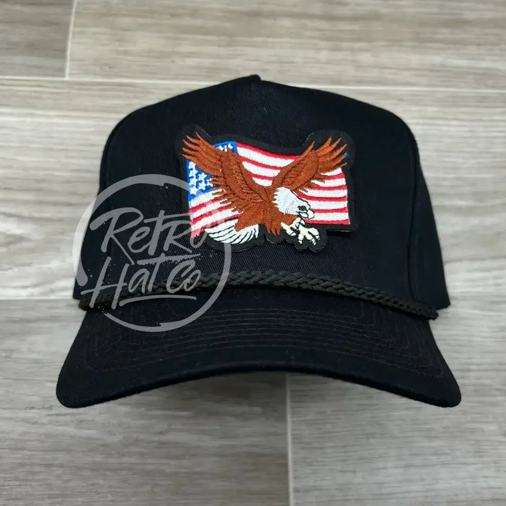 American Flag & Eagle Patch on Tall Black Retro Rope Hat