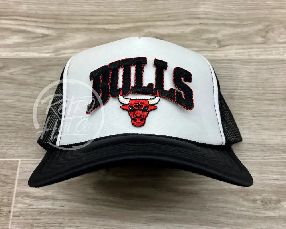 Vintage 90s Black Chicago Bulls Patch on Black/White Meshback Trucker Hat