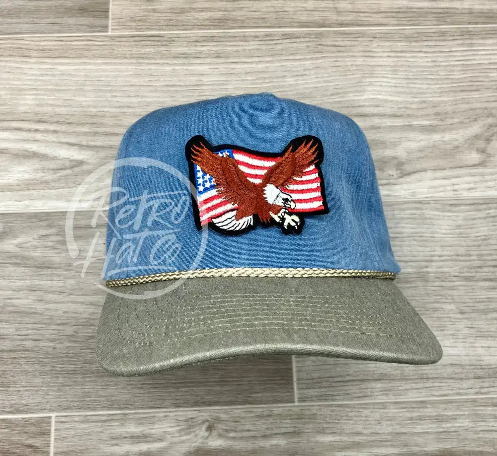 American Flag & Eagle Patch on Stonewashed Sky/Sand Retro Rope Hat