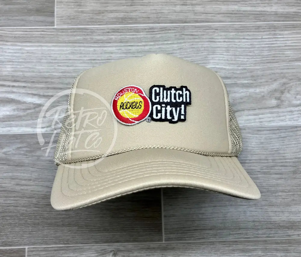 Vintage 90s Houston Rockets Clutch City Patch on Beige Meshback Trucker Hat