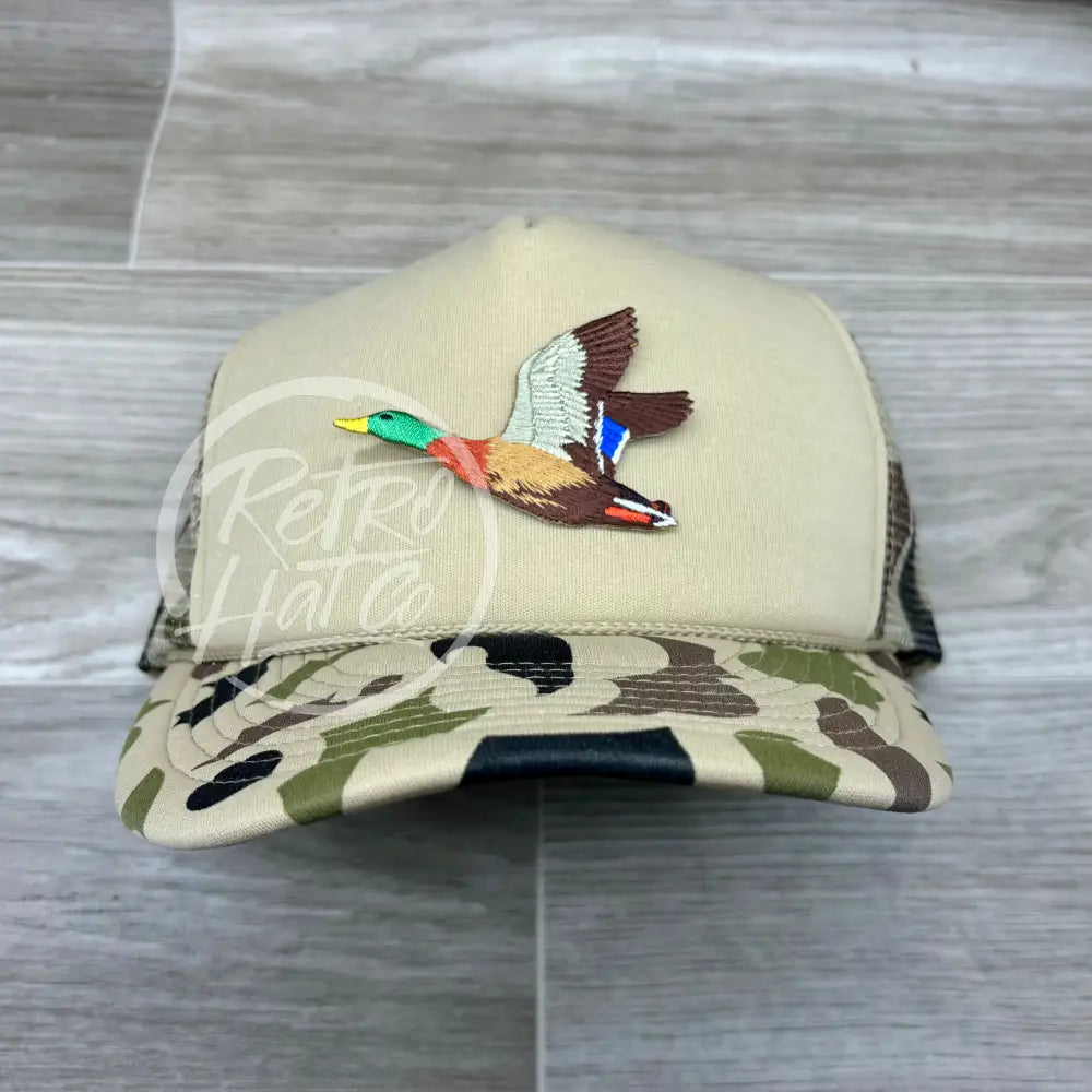 Duck / Mallard Patch on Solid Front Beige / Camo Meshback Trucker Hat