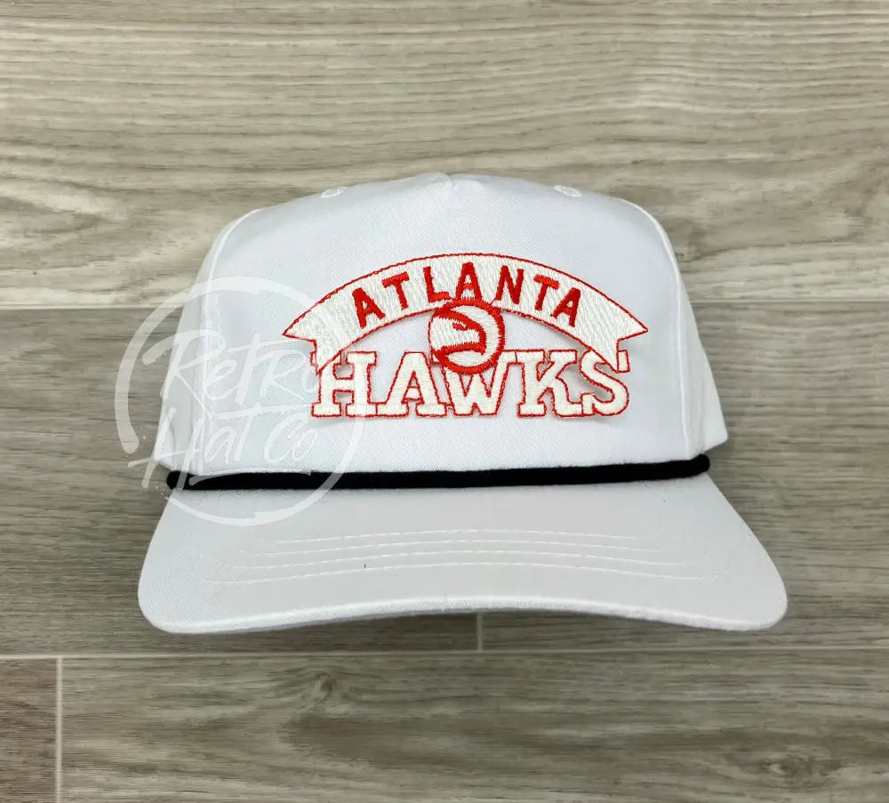 Vintage 90s Atlanta Hawks Patch on White Retro Hat w/Black Rope