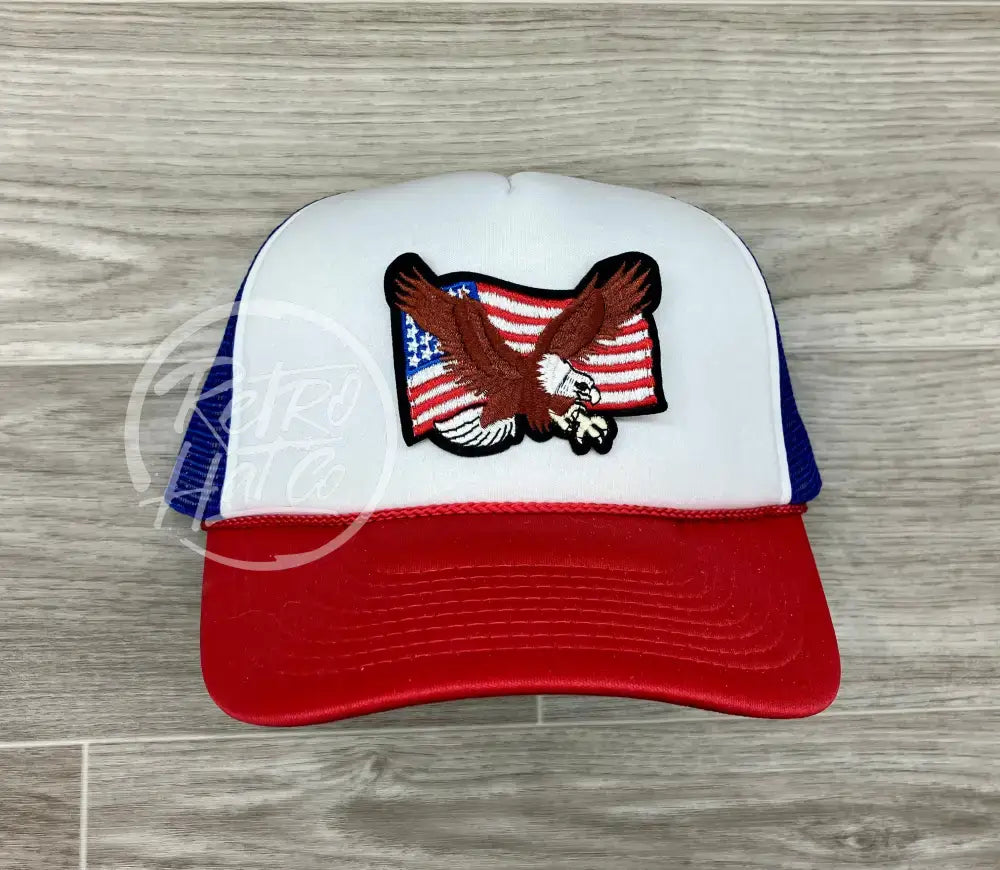 American Flag & Eagle Patch on Red, White & Blue Meshback Trucker Hat