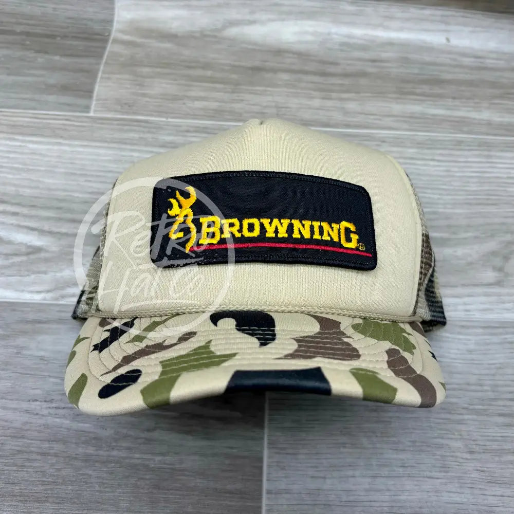 Vintage Browning Patch on Solid Front Beige / Camo Meshback Trucker Hat