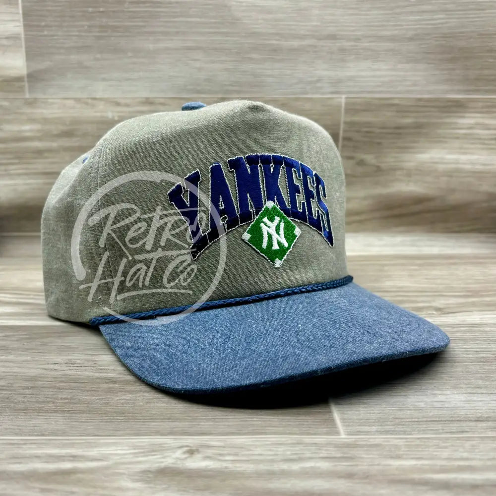 Vintage 90s New York Yankees (Navy Arch) Patch on Stonewashed Sand/Charcoal Retro Rope Hat