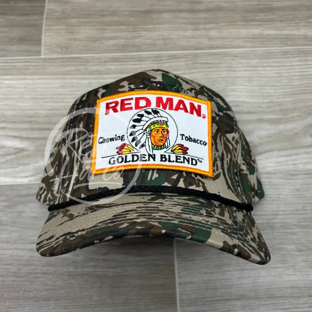 Red Man Golden on RealTree Camo Retro Hat w/Black Rope