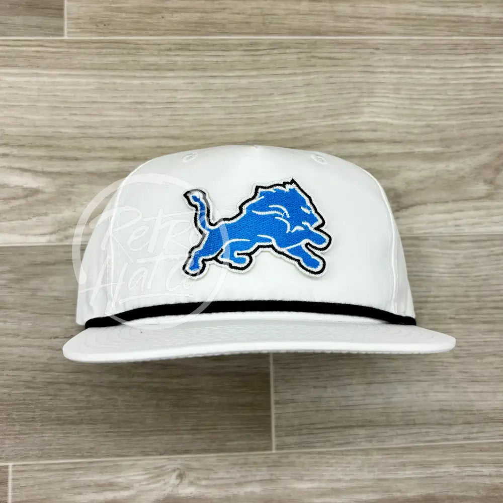 Retro Detroit Lions Patch on White Retro Hat w/Black Rope