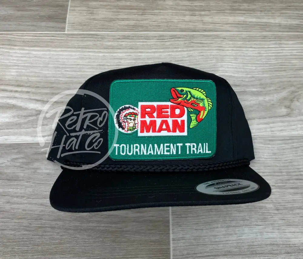 Red Man Tournament Trail Bass Fishing Patch on Classic Rope Hat